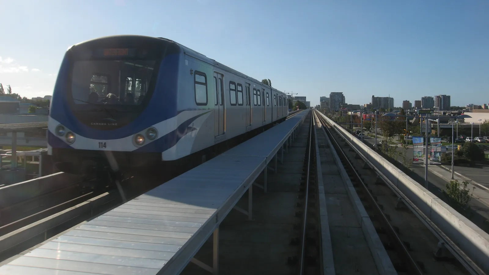 A Canada Line train on the elevated guideway above No. 3 Road in Richmond