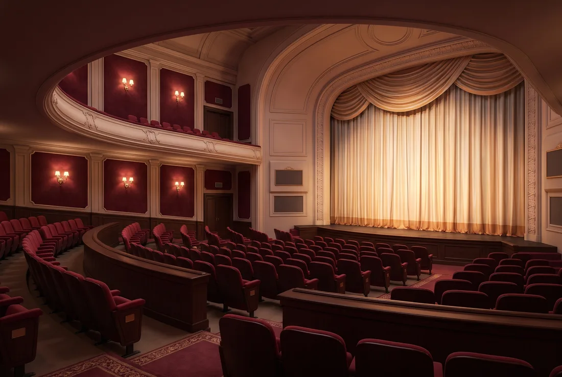 Illustration: rows of red theatre seats facing a softly lit closed stage curtain